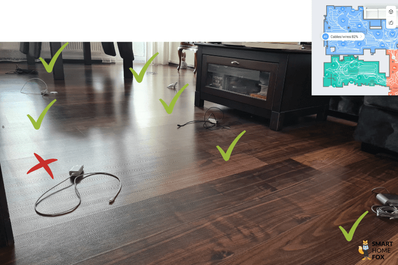 Das Ergebnis des Roborock S8 Pro Ultra beim Hinderniserkennungstest von Kabeln ist übersichtlich zu sehen.